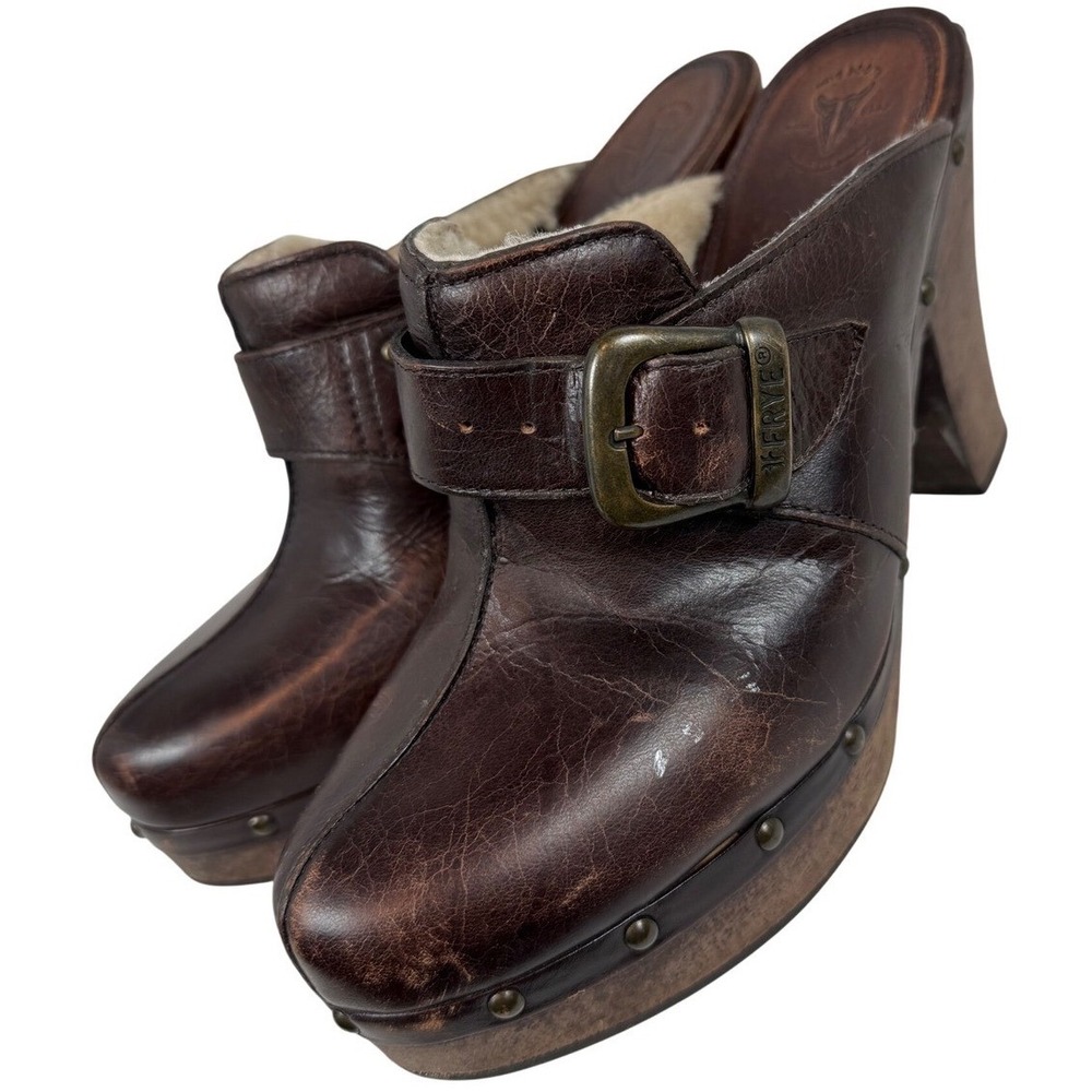 Frye Ella Leather Mule Clogs, Brown, Studded Wooden Platform and Heel, Size 8.5 - Picture 6 of 12